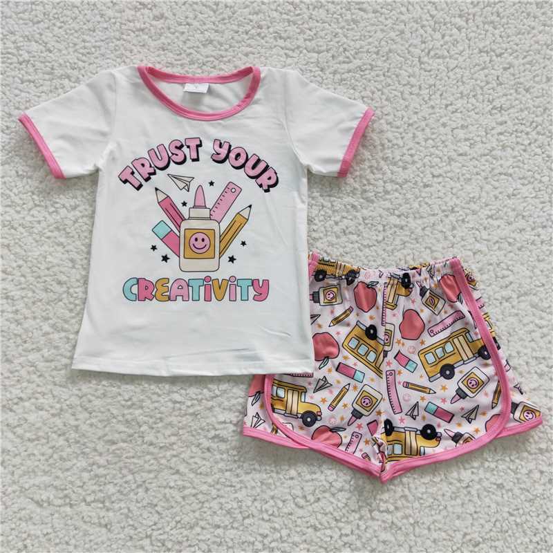 RTS NO MOQ Baby Girls Summer Sets GSSO0336 Back To School Shirt Shorts Shorts Sets