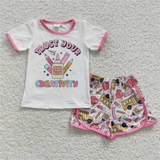 RTS NO MOQ Baby Girls Summer Sets GSSO0336 Back To School Shirt Shorts Shorts Sets