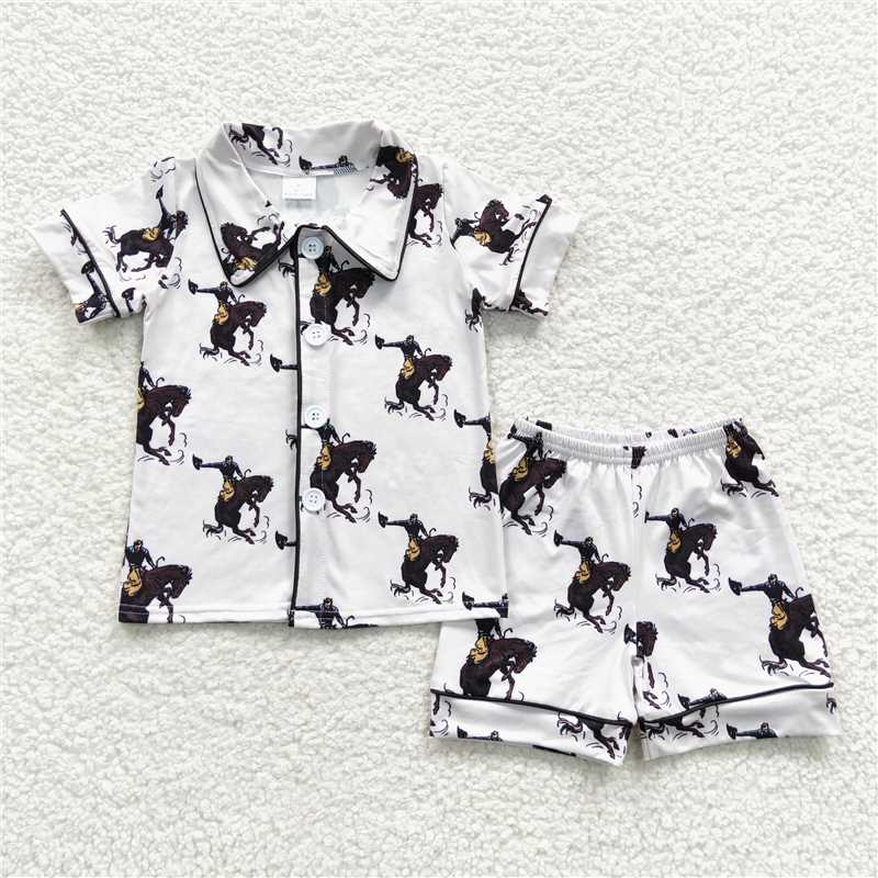 RTS NO MOQ Baby Boys kids Summer Sets BSSO0277 White Short Sleeves Horse Rodeo Pajamas Sets