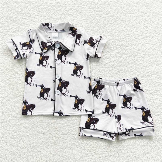RTS NO MOQ Baby Boys kids Summer Sets BSSO0277 White Short Sleeves Horse Rodeo Pajamas Sets