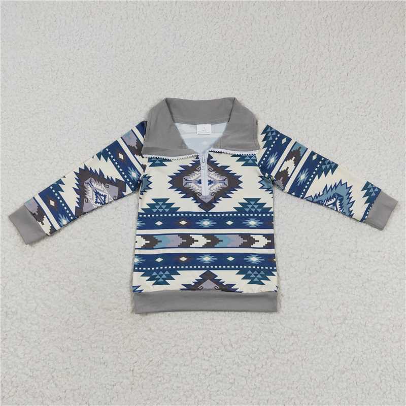 7.10 RTS NO MOQ Baby Boys Long Sleeve BT0229 Green Aztec Long Sleeve Pullover Tops