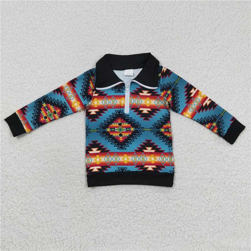 7.10 RTS NO MOQ Baby Boys Long Sleeve T0227 Western Blue Aztec Long Sleeve Pullover Tops