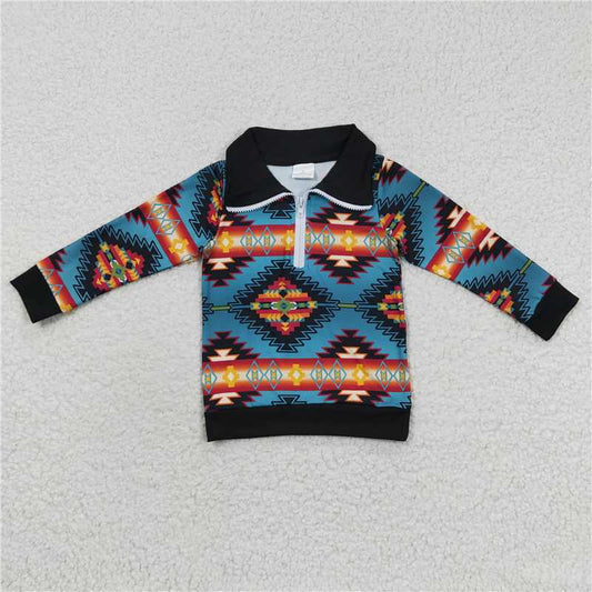 7.10 RTS NO MOQ Baby Boys Long Sleeve T0227 Western Blue Aztec Long Sleeve Pullover Tops