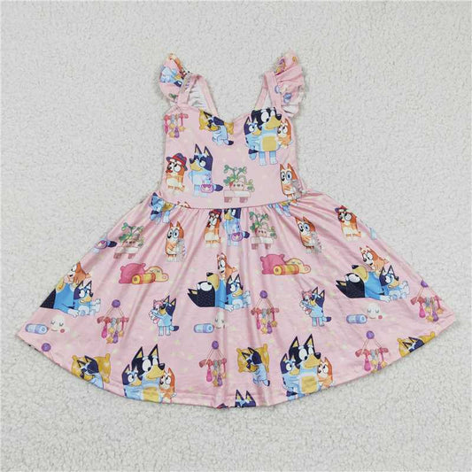 8.2 RTS NO MOQ Summer Baby Girls Dresses GSD0422 Pink Dog Knee Length Ruffle Dresses