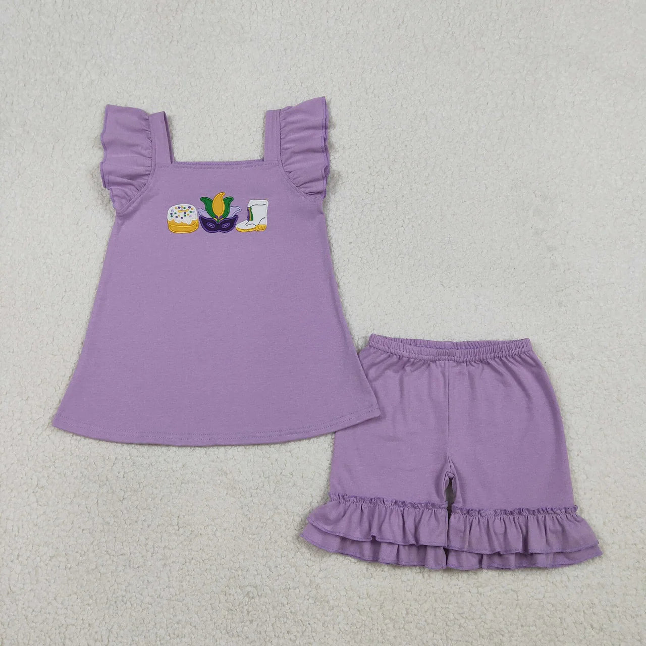 RTS Sibling Baby Girls Kids Embroidery Masks Donuts Boots Mardi Gras Purple Dress Set Cotton Clothes