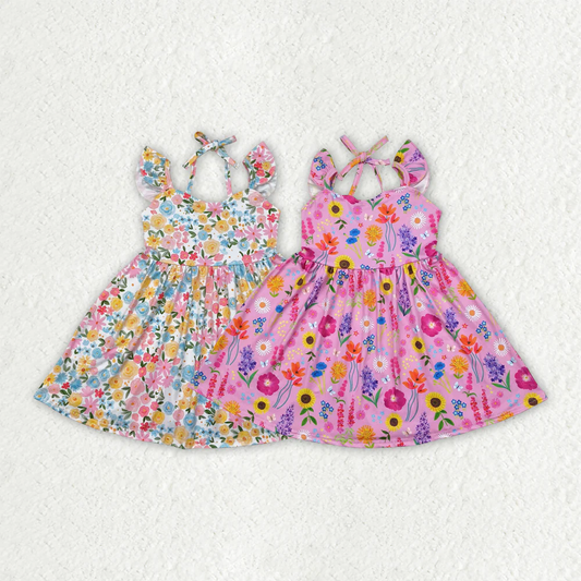 7.7 RTS NO MOQ Summer Sibling Baby Girls Flutter Sleeves Floral Backless Bow Knee Length Dresses