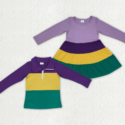 RTS NO MOQ Sibling Boys Baby Girls Long Sleeve Mardi Gras Purple Shirts Dresses