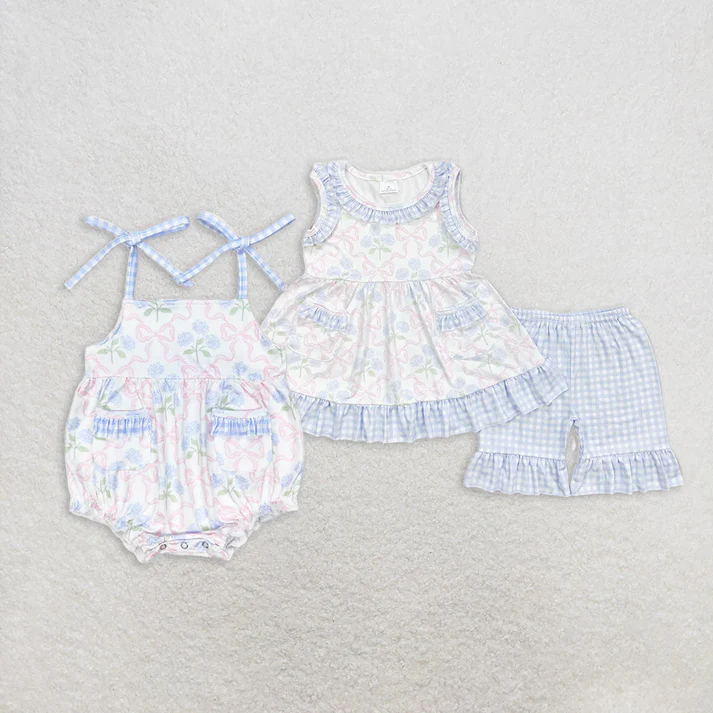 RTS NO MOQ Summer Sibling Baby Girls Bows Flowers Pockets Tunic Ruffle Shorts Clothes Sets Rompers