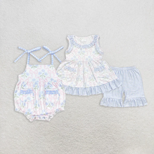 RTS NO MOQ Summer Sibling Baby Girls Bows Flowers Pockets Tunic Ruffle Shorts Clothes Sets Rompers