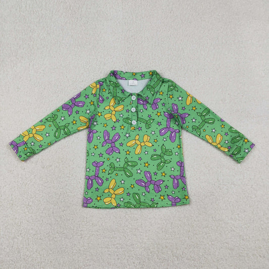 RTS Baby Boys Kids Green Long Sleeves Balloons Mardi Gras Buttons Shirt Tops