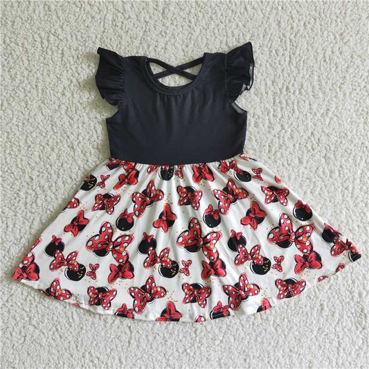 8.7 RTS NO MOQ Summer Baby Girls Dresses GSD0053 Black flutter sleeve bow knee length dresses