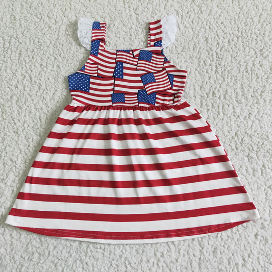 8.7 RTS NO MOQ Summer Baby Girls Dresses GSD0042 Flag strap 4th of july star red knee length dresses