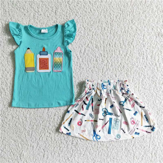 RTS NO MOQ Baby Girls Summer Sets GSD0080 Embroidery Pencil Shirt Back To School Skirts Sets