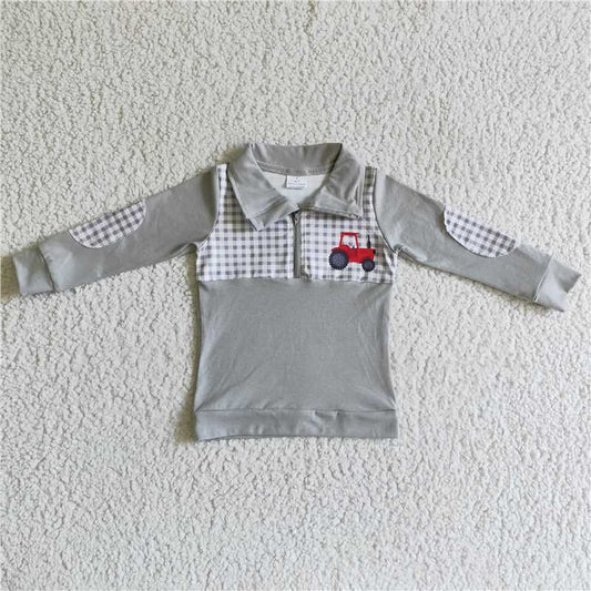 8.8 RTS NO MOQ Baby Boys Long Sleeve BT0035 Tractor plaid zipper grey shirt tops