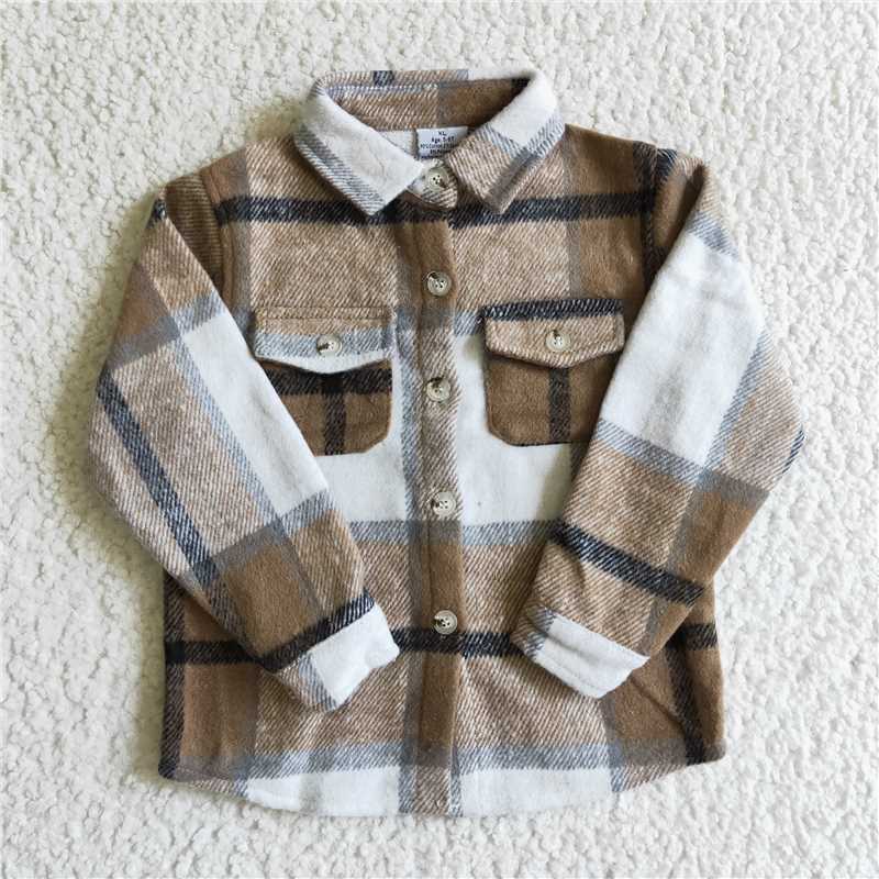 7.10 RTS NO MOQ Baby Boys Long Sleeve BT0062 Khaki Plaid Cotton Pocket Shirts