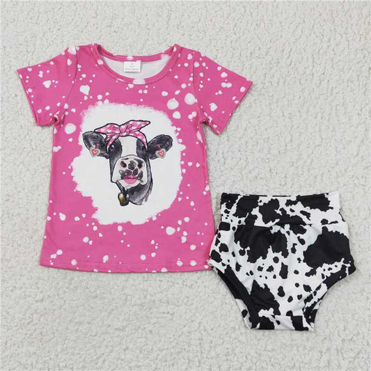 5.24 RTS NO MOQ Baby Girls Summer Outifts GBO0065 Hot pink Cow Western Bummie Sets