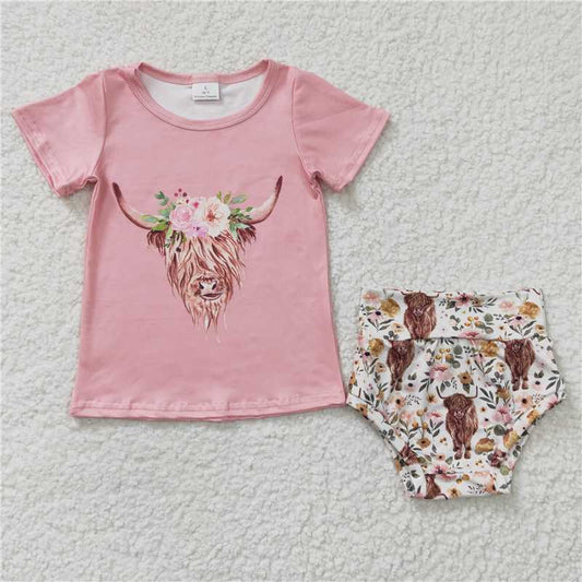 5.24 RTS NO MOQ Baby Girls Summer Outifts GBO0074 Pink Highland Cow Western Bummie Sets