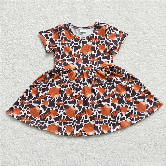 8.4 RTS NO MOQ Summer Baby Girls Dresses GSD0237 Highland Cow MOO Knee Length Dresses