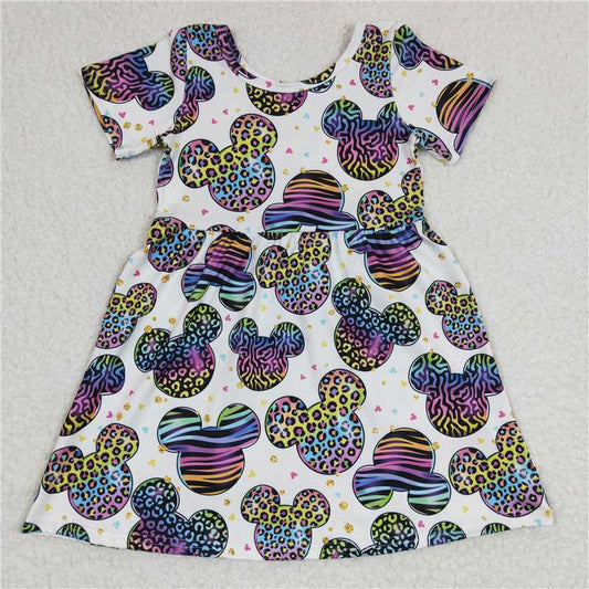 8.4 RTS NO MOQ Summer Baby Girls Dresses GSD0239 Colorful Cartoon Short Sleeve Knee Length Dresses