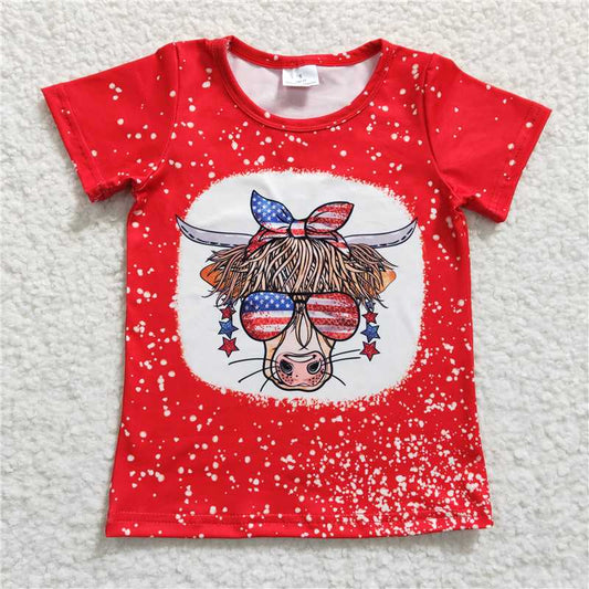 7.25 RTS NO MOQ Summer Baby Girls Short Sleeve GT0114 Highland Cow 4th Of July Shirts Tops