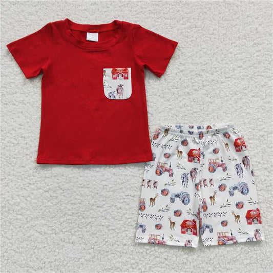 8.11 RTS NO MOQ Baby Boys kids Summer Sets BSSO0120 Red Farm Pockets Shorts Sets