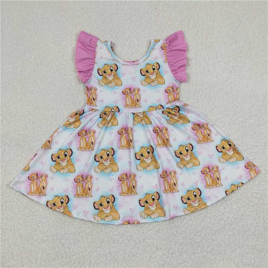 8.4 RTS NO MOQ Summer Baby Girls Dresses GSD0220 Flutter Sleeve Lion Knee Length Dresses