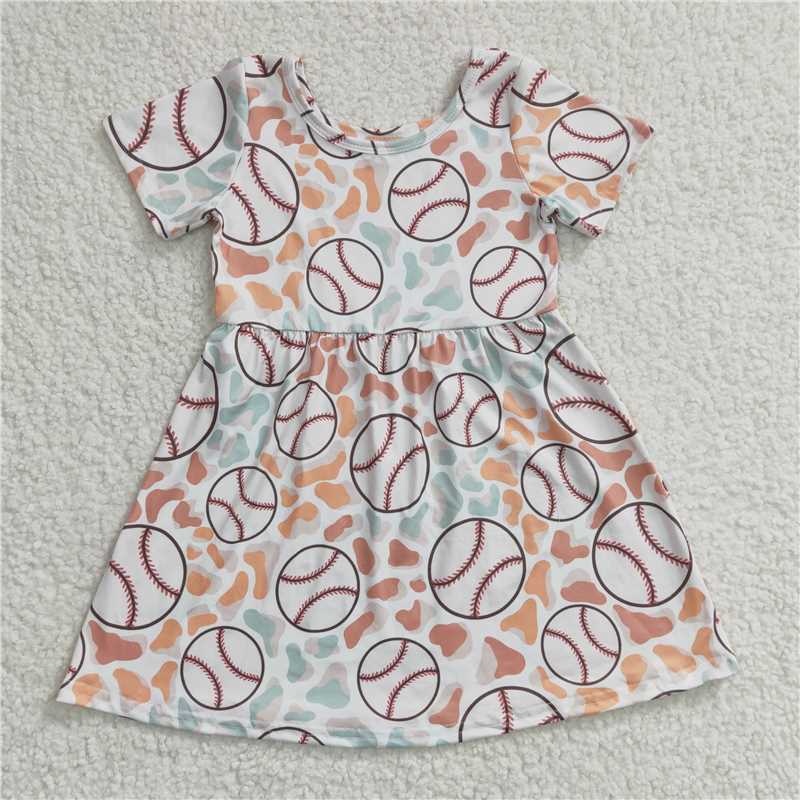 8.4 RTS NO MOQ Summer Baby Girls Dresses GSD0249 Baseball Short Sleeve Knee Length Dresses
