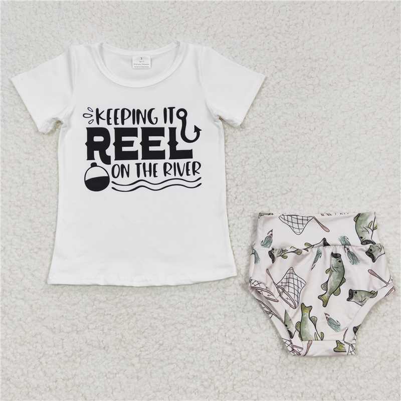 5.24 RTS NO MOQ Baby Girls Summer Outifts GBO0087 White Tops Fishing Bummie Sets