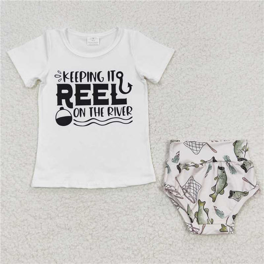 5.24 RTS NO MOQ Baby Girls Summer Outifts GBO0087 White Tops Fishing Bummie Sets