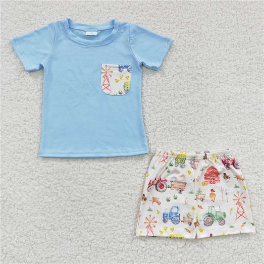 8.9 RTS NO MOQ Baby Boys kids Summer Sets BSSO0142 Farm Light Blue Summer Shorts Sets