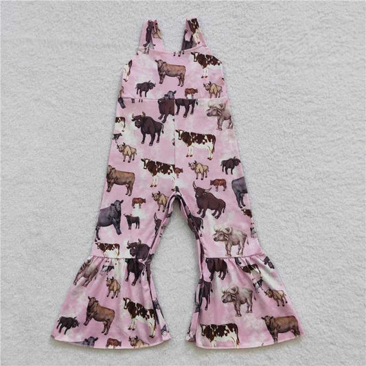 6.25 RTS NO MOQ Summer Baby Girls Bodysuit SR0372 Pink Cow Bell Bottom Jumpsuits