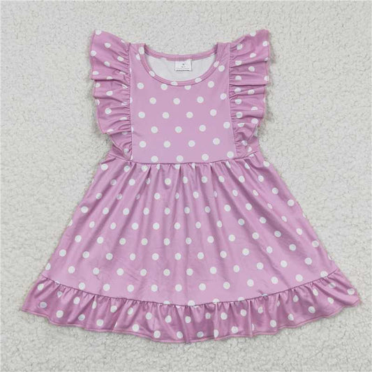 8.2 RTS NO MOQ Summer Baby Girls Dresses GSD0362 Lavender Polka Dots Ruffle Knee Length Dresses