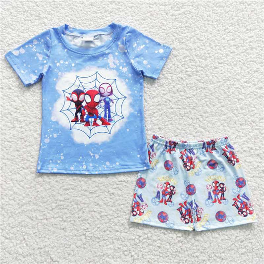 8.8 RTS NO MOQ Baby Boys kids Summer Sets BSSO0246 Blue Spider bleached Summer Shorts Set