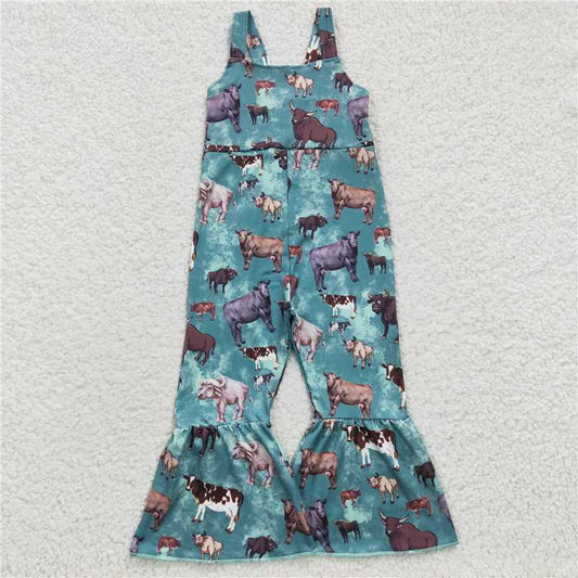 6.25 RTS NO MOQ Summer Baby Girls Bodysuit SR0371 Green Cow Bell Bottom Jumpsuits