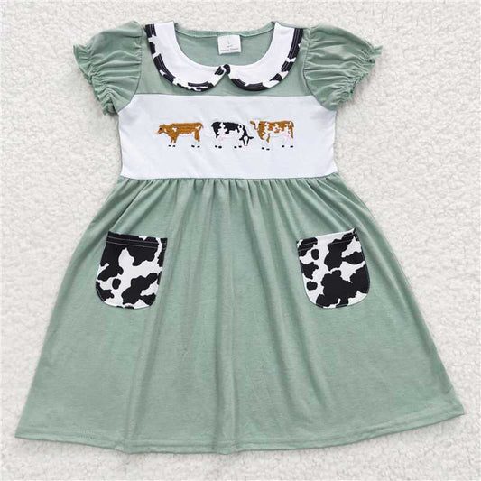 8.4 RTS NO MOQ Summer Baby Girls Dresses GSD0347Short Sleeves Cow Knee Length Dresses