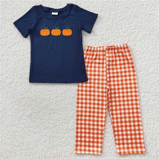 7.3 RTS NO MOQ Baby Boys Summer Sets BSPO0145 Orange Pumpkin Plaid Pants Clothing Sets