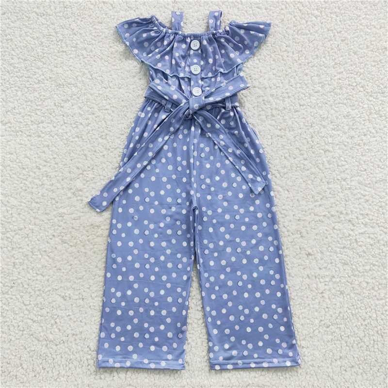 RTS NO MOQ Summer Baby Girls Bodysuit SR0421 Sleeveless Blue Dots Ruffle Strap Jumpsuits