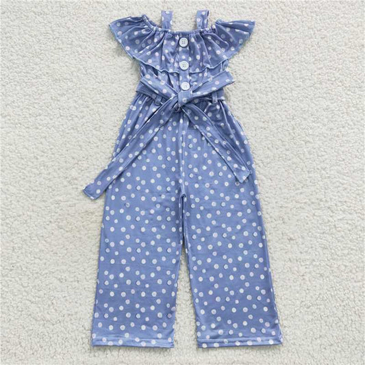 RTS NO MOQ Summer Baby Girls Bodysuit SR0421 Sleeveless Blue Dots Ruffle Strap Jumpsuits