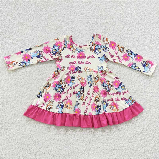 7.5 RTS NO MOQ Baby Girls Long Sleeve GLD0214 Dogs Flowers Ruffle Knee Length Dresses