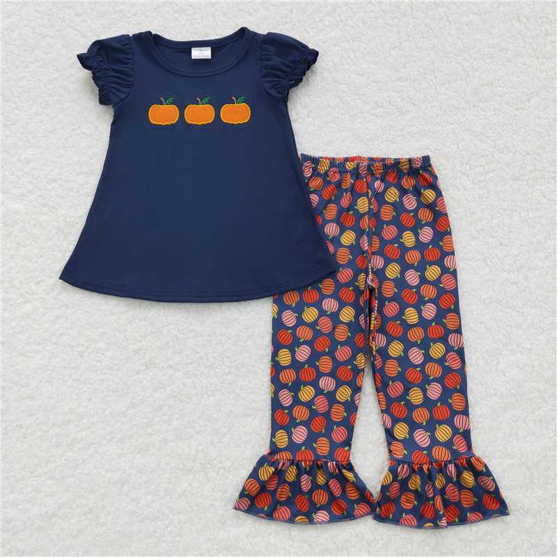 GSPO0762 Baby Girls Orange Pumpkin Ruffle Pants Clothing Sets