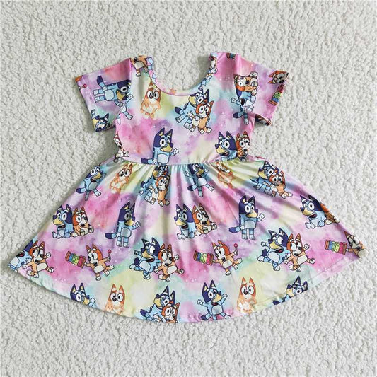 8.7 RTS NO MOQ Summer Baby Girls Dresses GSD0025 Cute dog print short sleeve purple knee length dresses