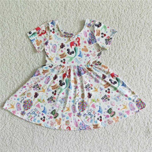 8.7 RTS NO MOQ Summer Baby Girls Dresses GSD0050 Cute castle cartoon knee length dresses