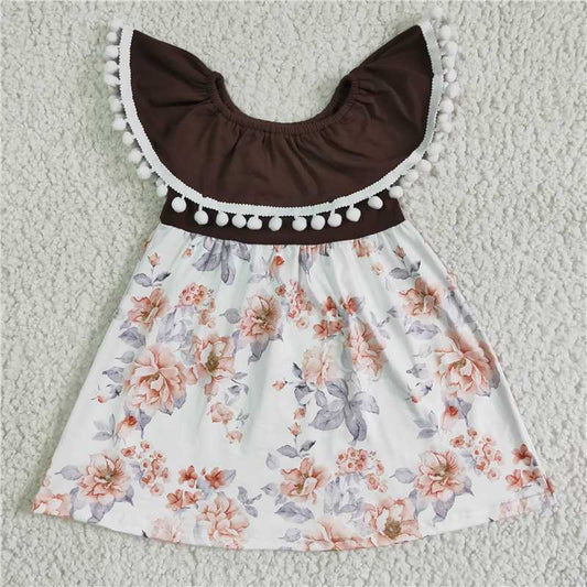 8.7 RTS NO MOQ Summer Baby Girls Dresses GSD0023 Brown Pompom Flowers Knee Length Dresses