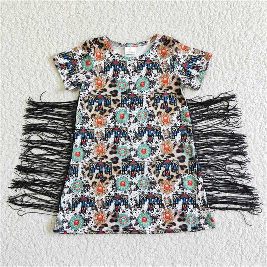 8.6 RTS NO MOQ Summer Baby Girls Dresses GSD0058 Short sleeve turquoise thunderbird tassels dresses