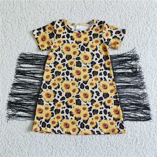 8.6 RTS NO MOQ Summer Baby Girls Dresses GSD0055 Short sleeve sunflower tassels dresses