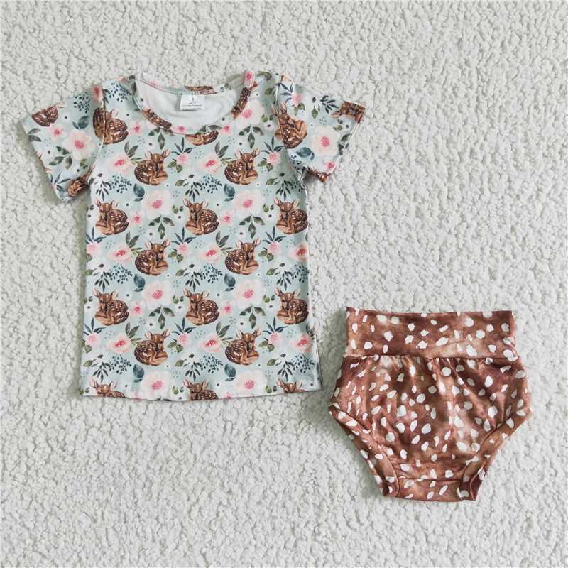 5.24 RTS NO MOQ Baby Girls Summer Outifts GBO0022 Deer Print Shirt Bummie Sets