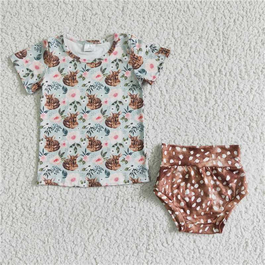 5.24 RTS NO MOQ Baby Girls Summer Outifts GBO0022 Deer Print Shirt Bummie Sets