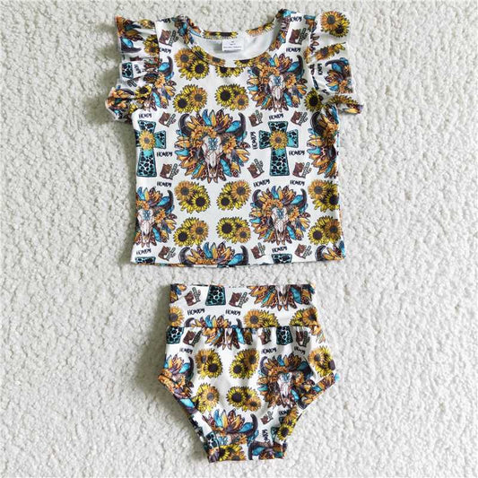 5.24 RTS NO MOQ Baby Girls Summer Outifts GBO0047 Western Sunflower Cow Skull Bummie Sets