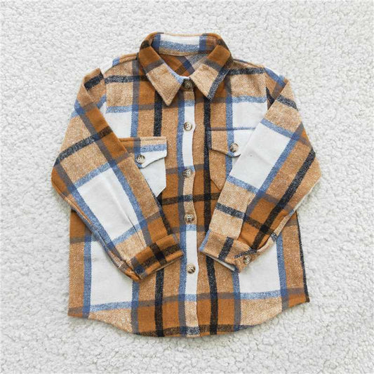 7.10 RTS NO MOQ Baby Boys Long Sleeve BT0189 Mustard Color Plaid Pocket Shirts