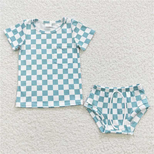 RTS NO MOQ Baby Girls Summer Outifts GBO0140 Green Checked Short Sleeve Bummie Sets